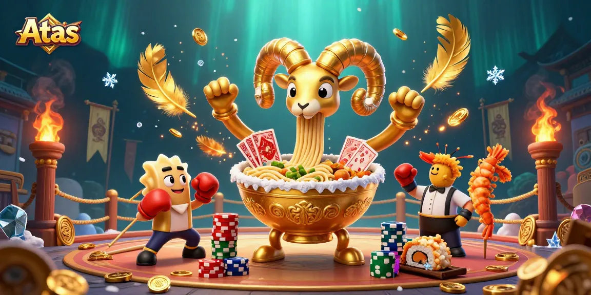 Atas casino game scene featuring a giant ramen bowl character dealing cards and stacking chips in vibrant colors.