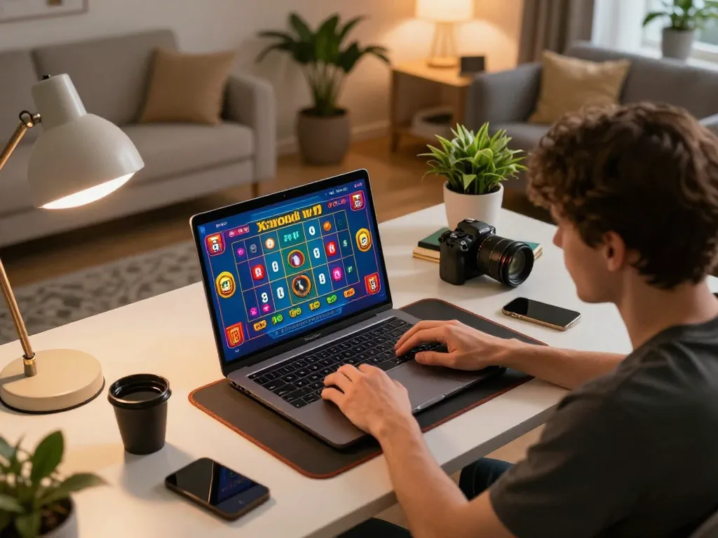 Xóc đĩa gameplay in a cozy home desk setting, showcasing a player focused on their laptop screen.