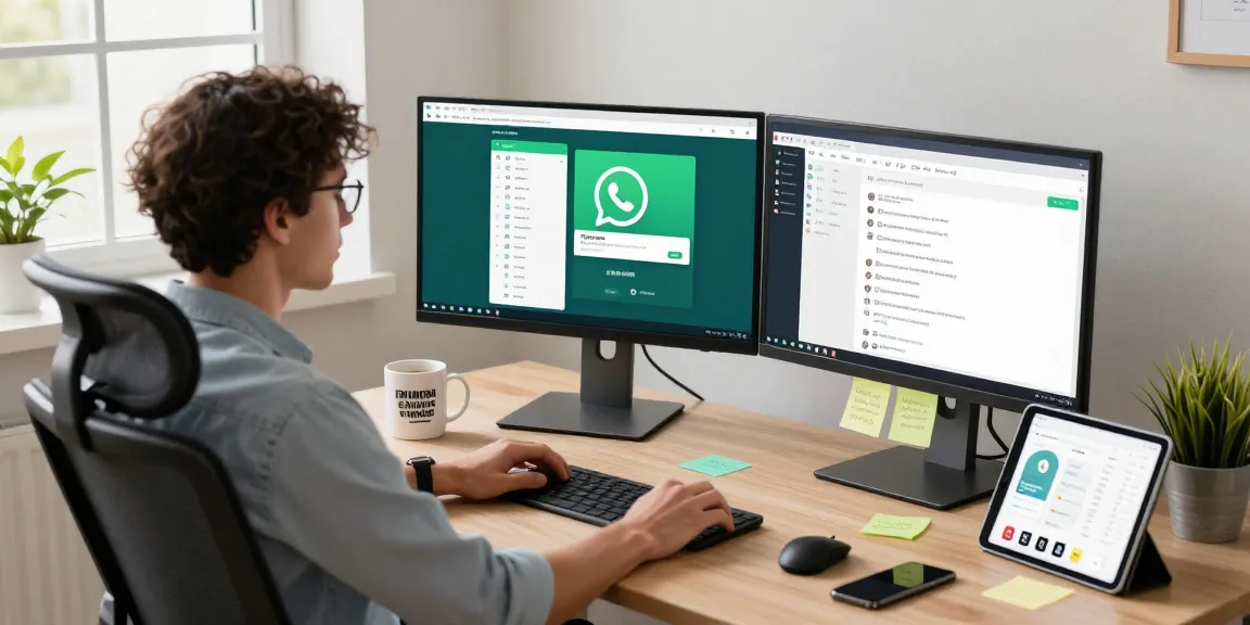 Using WhatsApp電腦版 on a modern home office setup with dual monitors and a vibrant desk atmosphere.