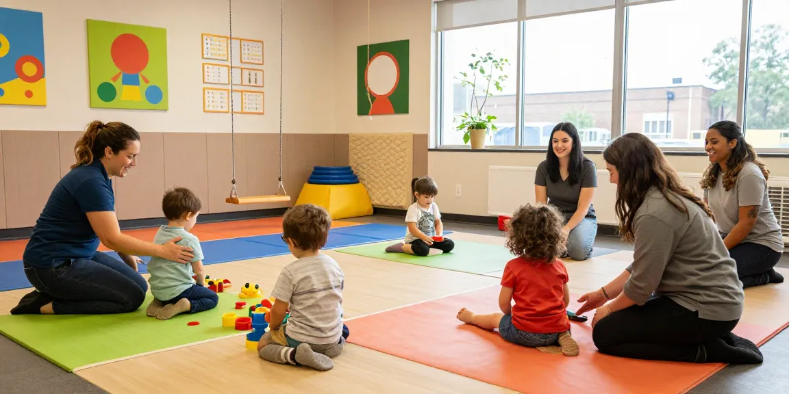 Engaging therapy session at Advantage Therapy, showcasing children in a vibrant sensory gym with therapists, fostering growth and support.