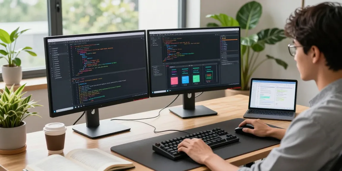 Innovative tech workspace with a developer coding on screens, highlighting the 纸飞机中文版.