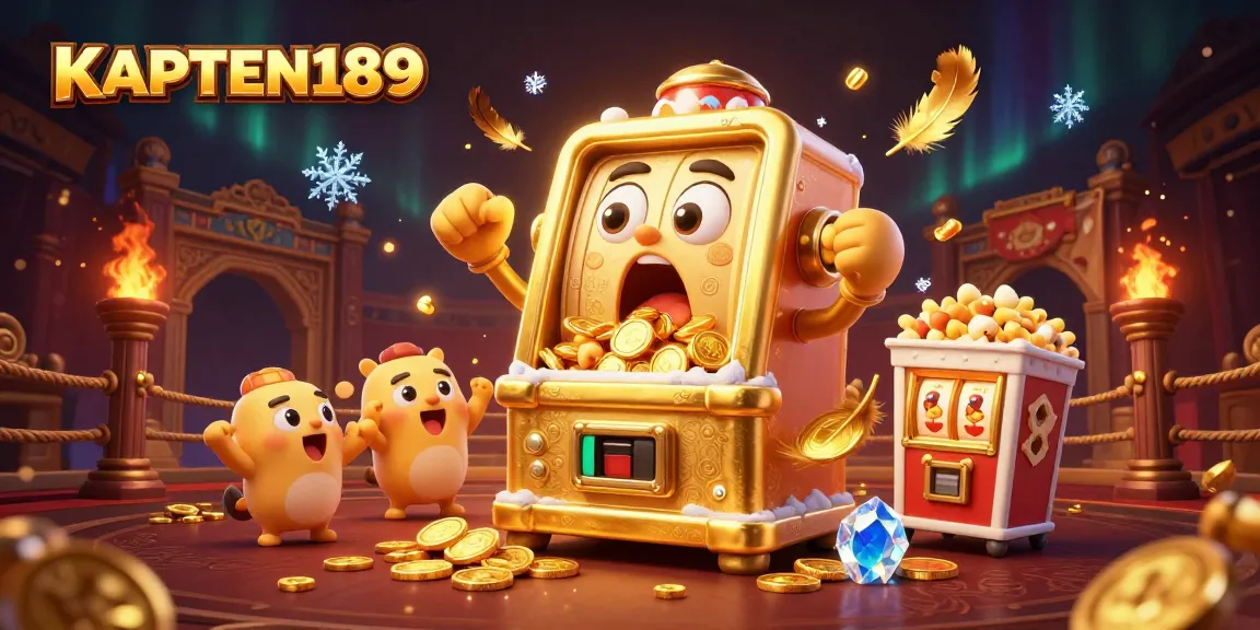 Permainan slot KAPTEN189 yang menarik dengan mesin slot emas meraih jackpot, dikelilingi kerincingan emas dan keceriaan.