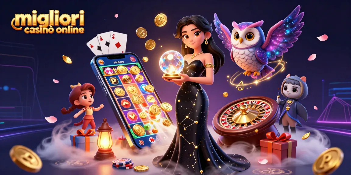 Senti l'emozione dei migliori casinò online con una scena straordinaria che presenta giochi di slot e elementi magici.