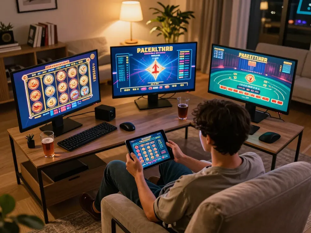 Player enjoying the rr88c online casino app in a cozy home gaming setup, engaging with various games.