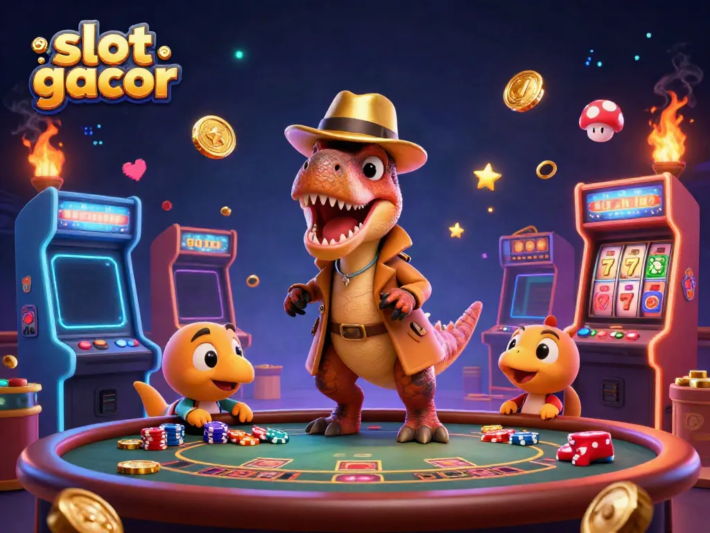 A vibrant illustration of slot gacor featuring a velociraptor at a blackjack table, amidst arcade game elements.