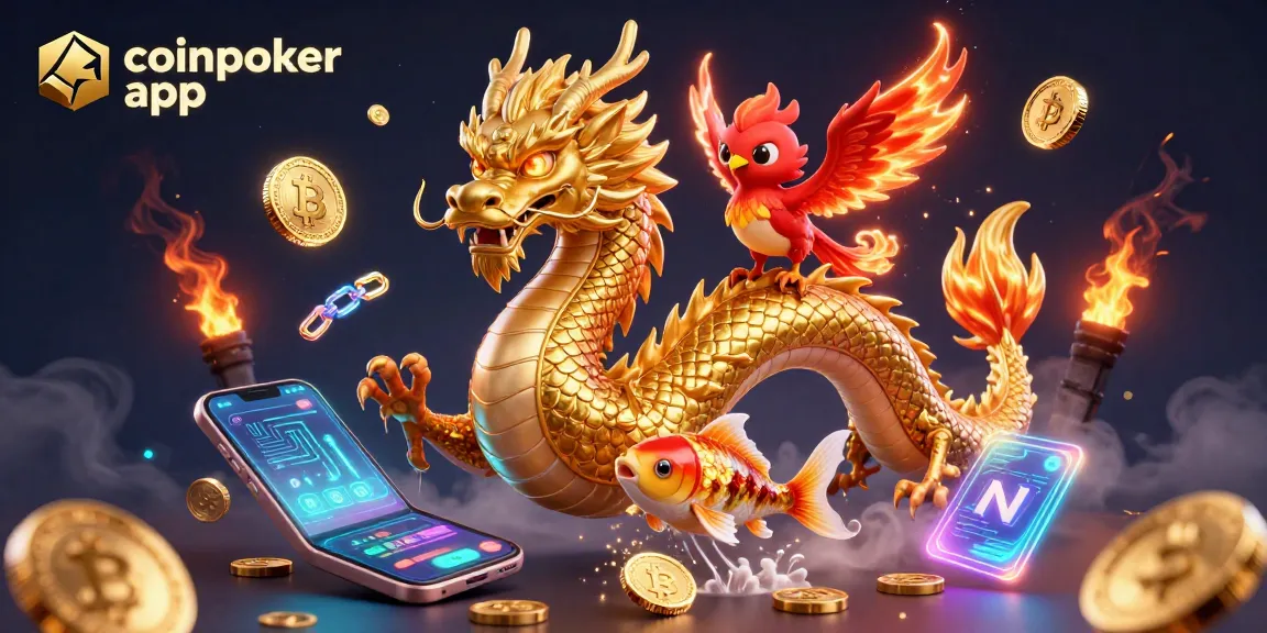 Giocando con l'app di CoinPoker, un drago d'oro e un pesce fortunato volano tra monete di criptovalute.