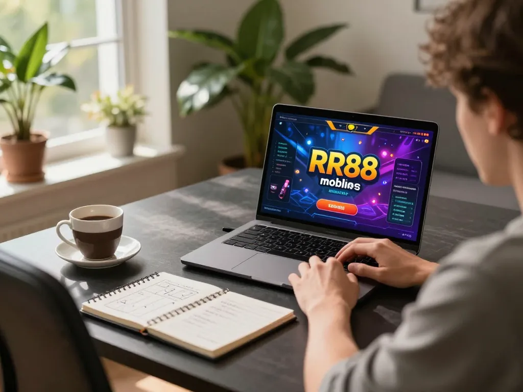 Player engaging in online gambling with RR88 app on laptop, showcasing strategic notes and vibrant screen