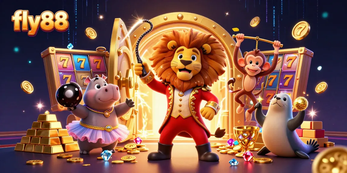 Experience the vibrant energy of fly88 with lively characters in a packed casino scene full of treasures and excitement.