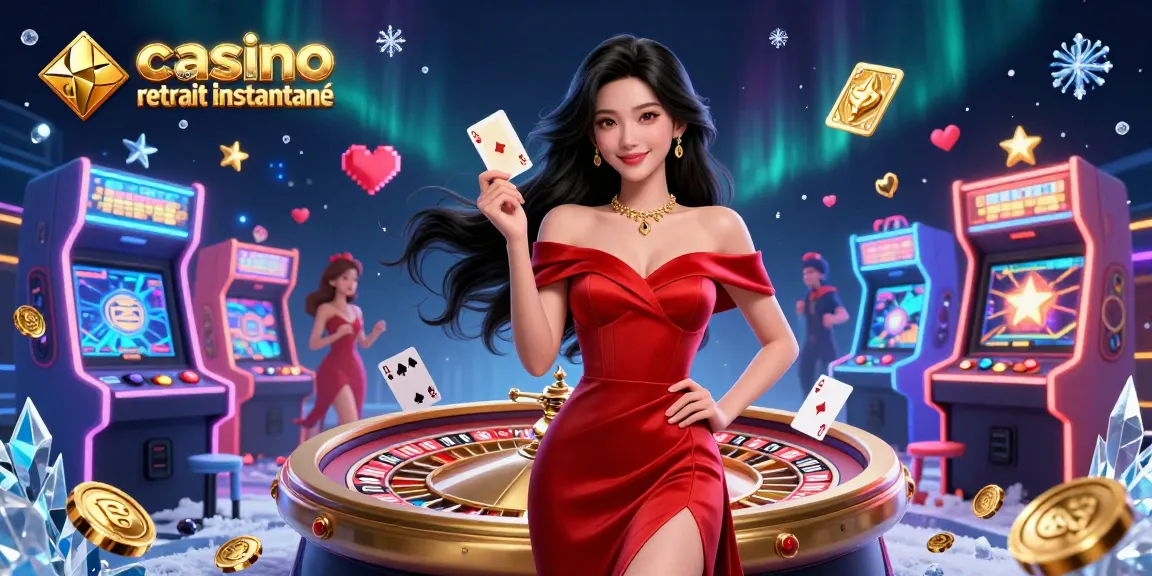 Femme asiatique jeune et photoréaliste accroupie avec une carte à jouer promeut le casino en ligne retrait instantané pendant que la roue de la roulette tourne.