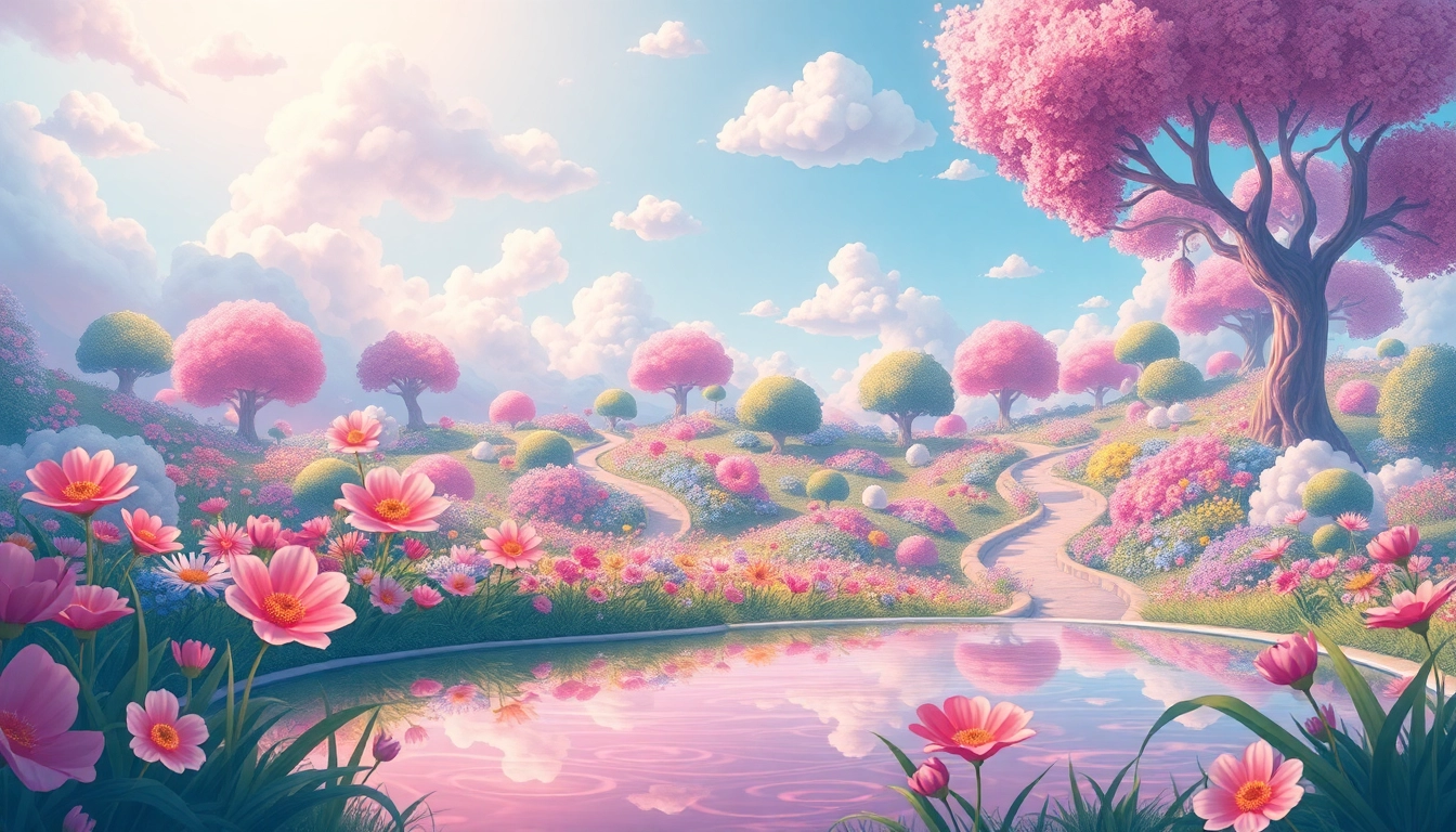 Experience the magic of seedream illustrated through a vibrant dreamscape garden with floating clouds.