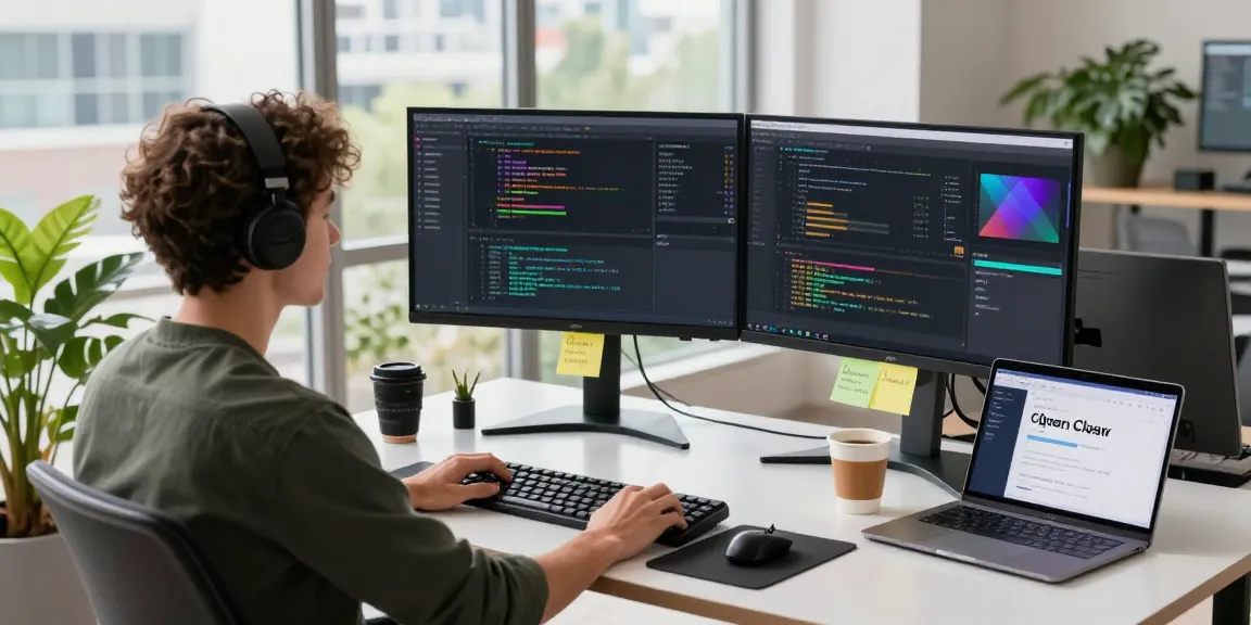 Developer coding with Open Claw at modern desk, showcasing task automation and AI dashboard, bright workspace environment.