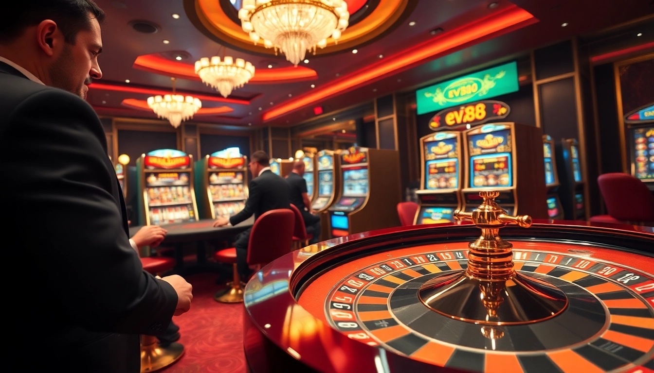 Experience the thrill of gambling at Ev88 with a vibrant roulette table surrounded by engaged players.