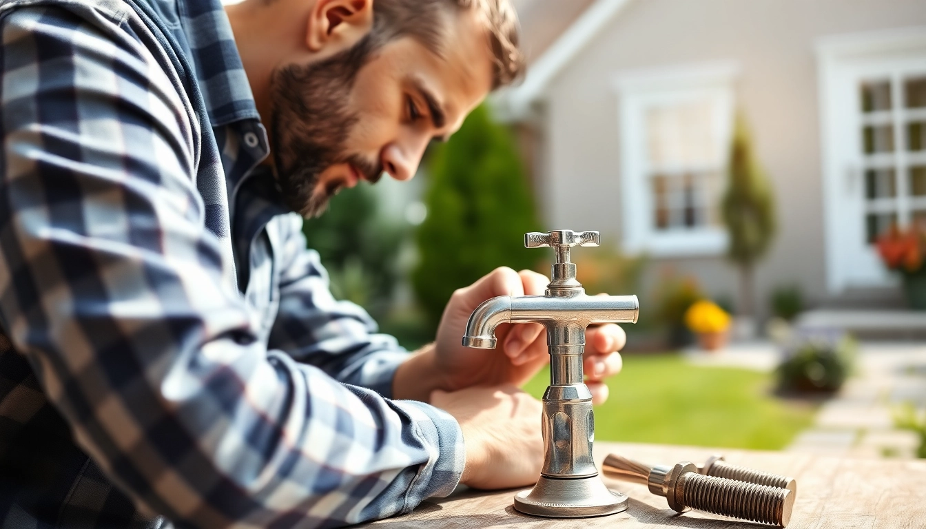 Find a reliable plumber near me fixing a faucet in a bright garden setting.