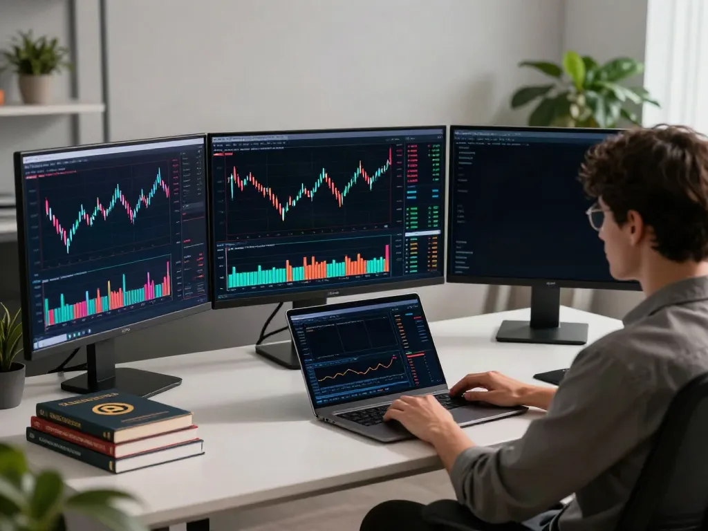 Futures API interface displaying real-time commodity futures data and blockchain analytics in a professional trading setup, showcasing 商品期货数据接口 integration.