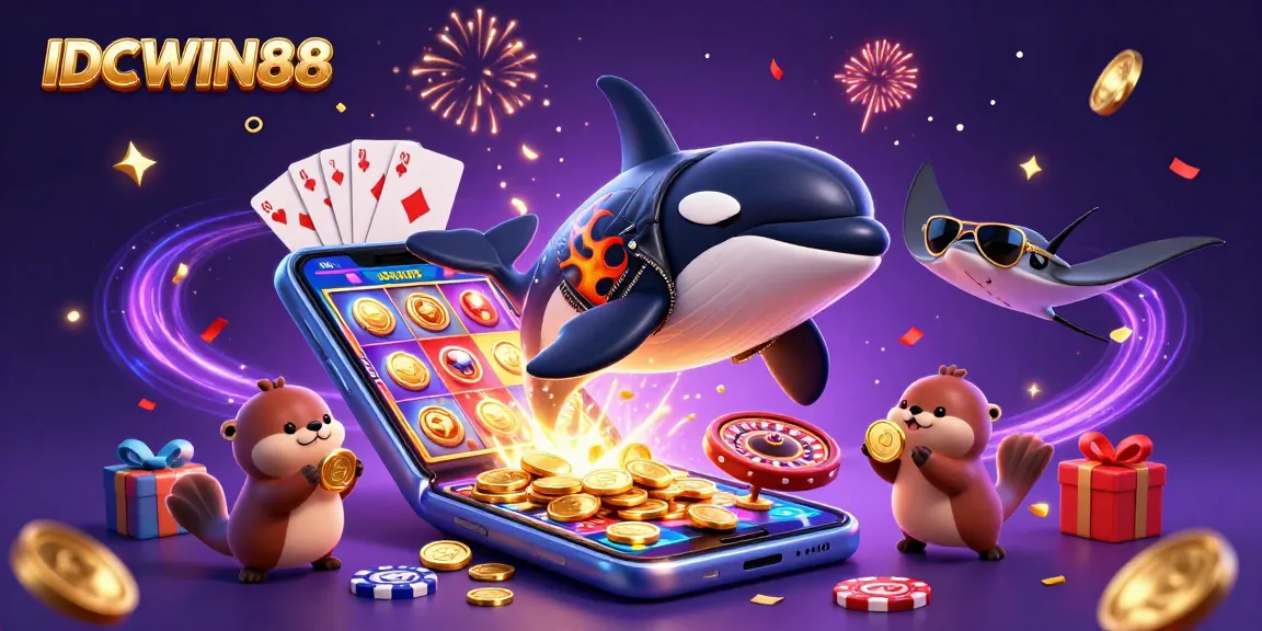 Experience big wins at IDCWIN88 with a dynamic 3D illustration of playful sea creatures among casino elements.