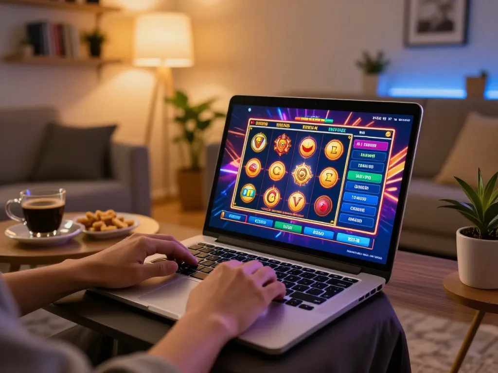 Playing link slot games online in a cozy living room, vibrant colors of animated reels visible.