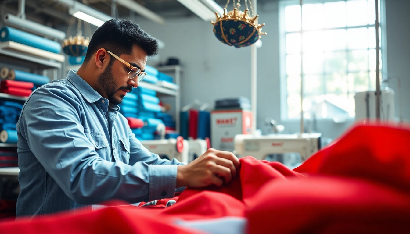 Imagine a clothing manufacturer for startups showcasing vibrant fabrics and focused workers.