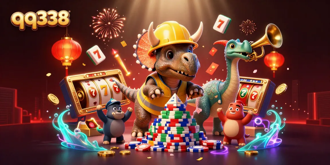 qq338 showcases a vibrant 3D scene with gaming elements celebrating wins and excitement.