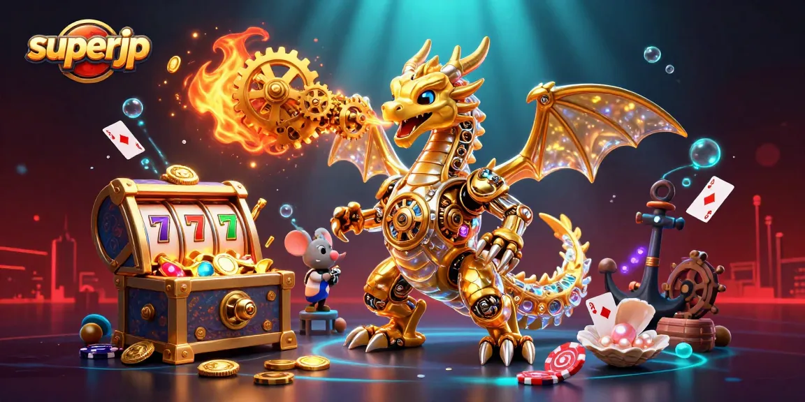 Spin your luck with superjp in an exciting casino scene featuring a golden dragon and jackpot elements.