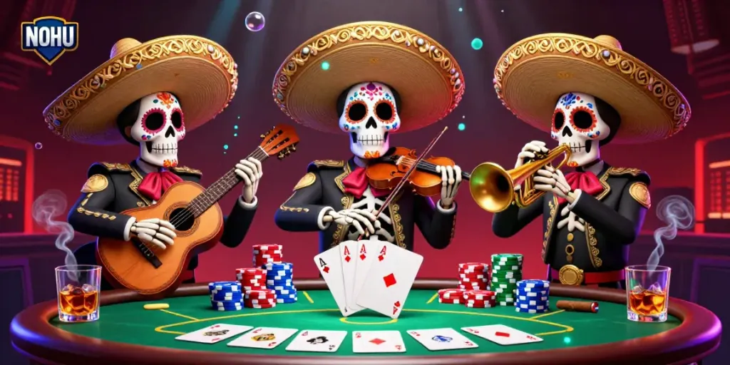 Engaging NOHU-themed casino illustration featuring vibrant skeleton mariachi band amidst poker elements and rich colors.