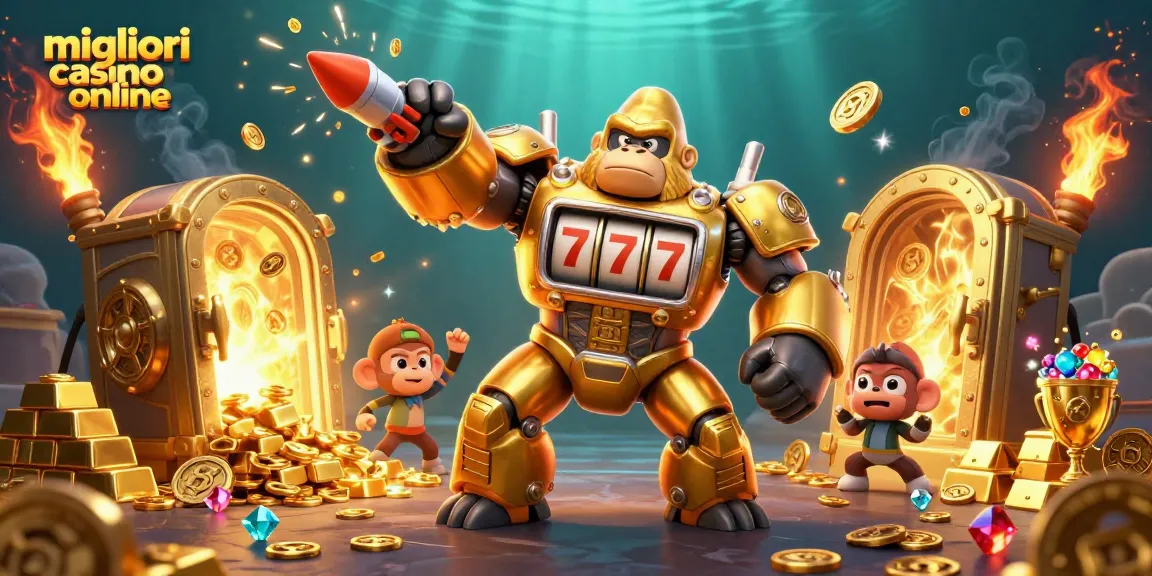 I migliori casino online in un'illustrazione 3D con un gorilla mech e tesori scintillanti.