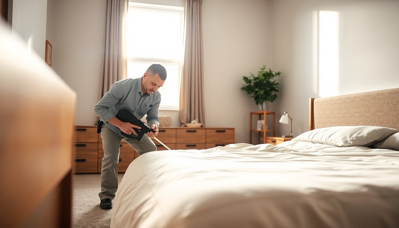 Engaging image of a bed bug exterminator milwaukee examining furniture during pest control.