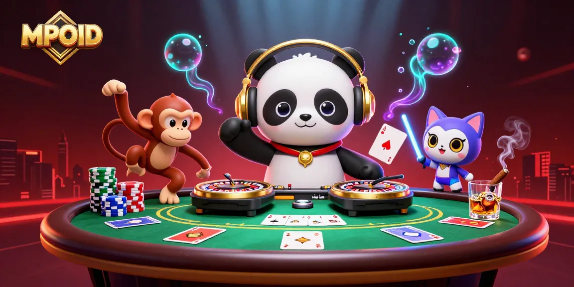 Join the vibrant MPOID gaming space with a DJ panda and friends celebrating on a packed dance floor.