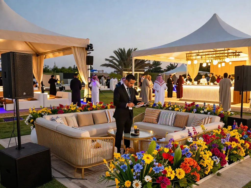 Event rental ksa setup with luxurious lounge area and AV technology for outdoor celebrations.