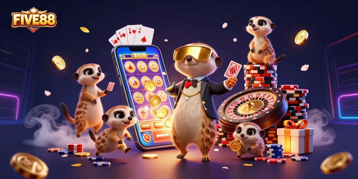 Experience the excitement of gambling with FIVE88's vibrant cartoon meerkats in a dynamic casino setting.