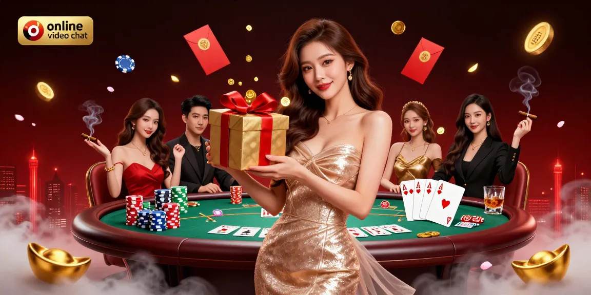 Engage in online video chat with a sophisticated atmosphere in a festive design featuring poker elements and golden coins.