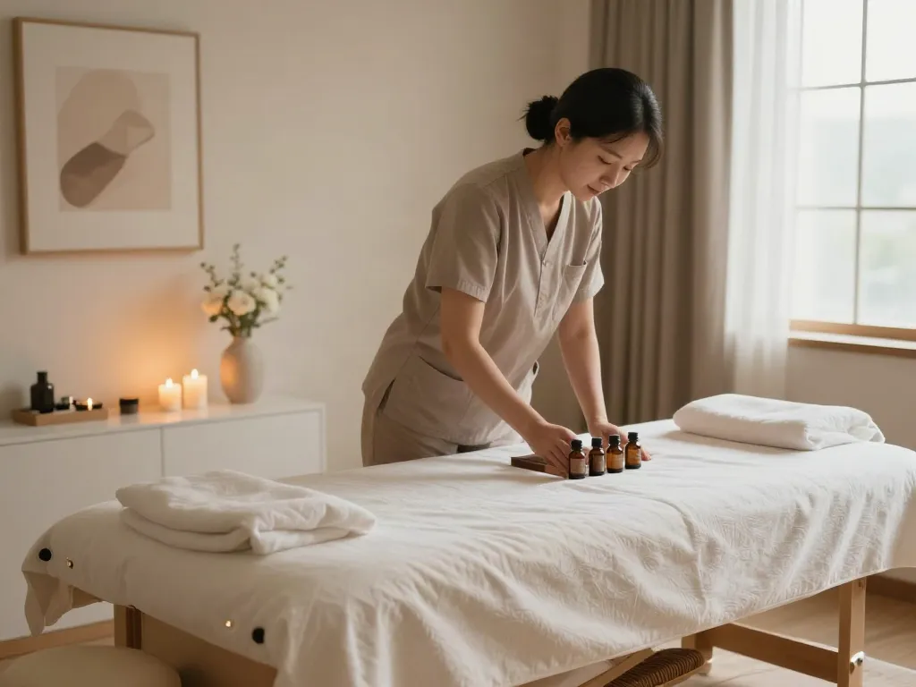 Relaxing massage room preparing for 영등포출장마사지 with calming ambiance and essential oils.