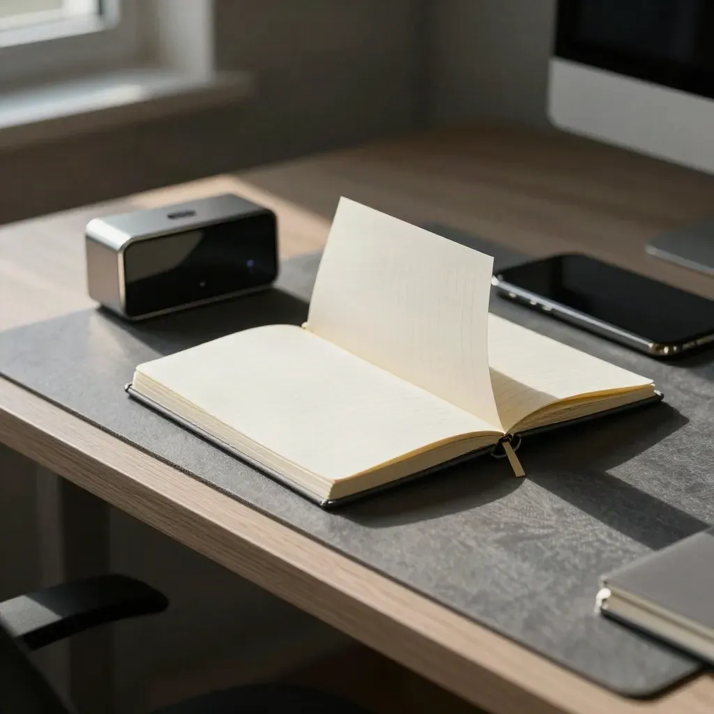 Sunlit standing desk tools mid-focus: notebook, timer, shut phone, and clipped index stacks.
