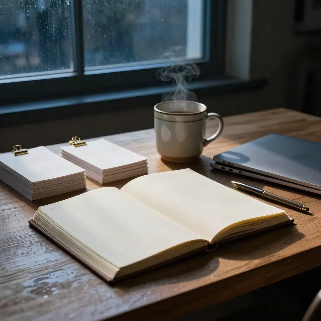 Rainy dawn planning spread on oak desk with notebook, clips, mug, and closed laptop.