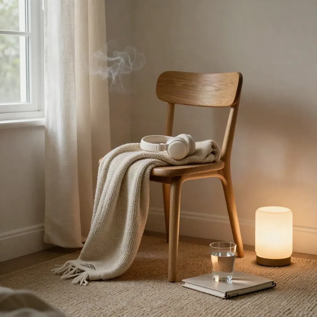 Bedroom reset corner with chair, throw, headphones case, water glass, lamp and notebook by a window.