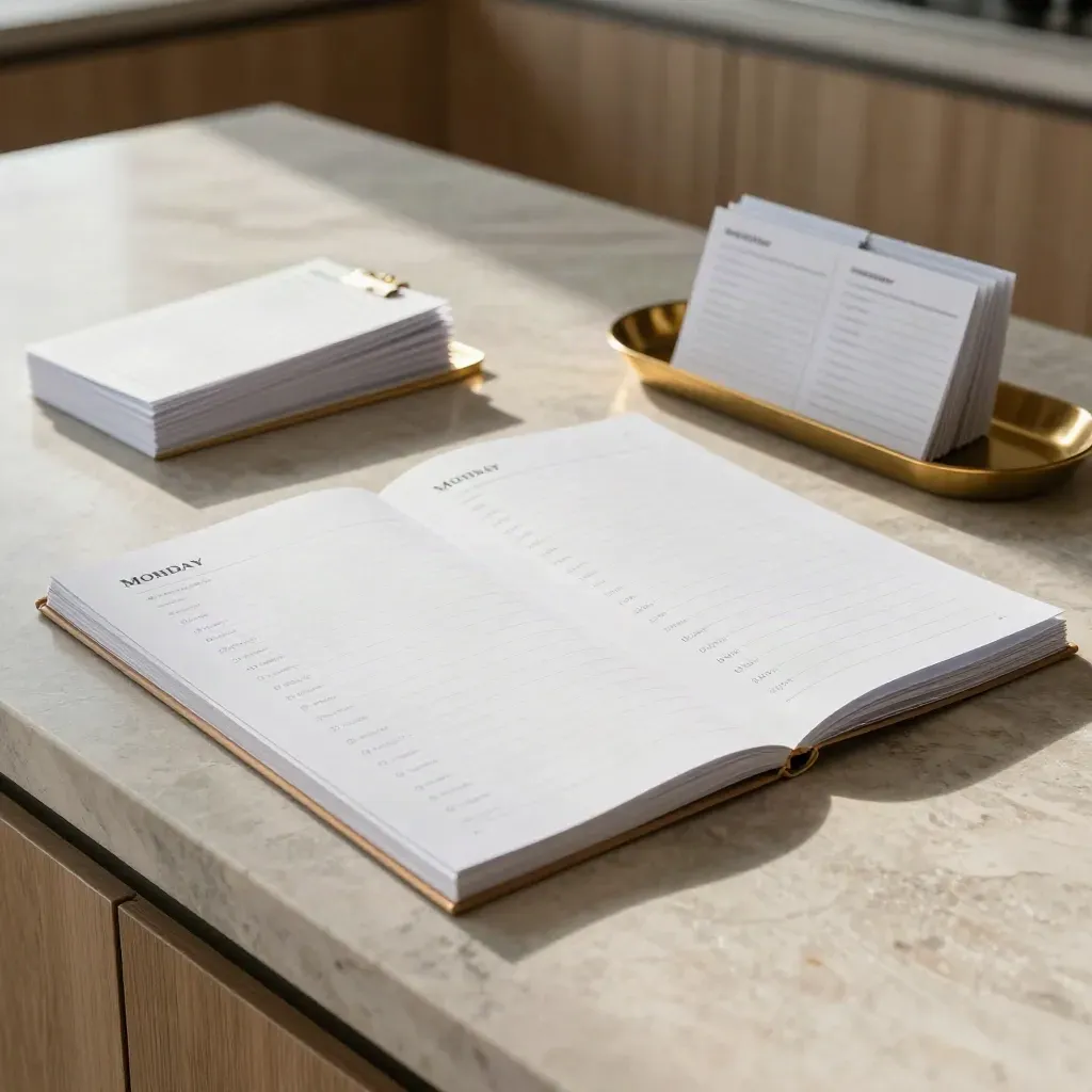 Overhead planning spread on a stone kitchen island with brass tray, sheets, tabs, and soft morning light.