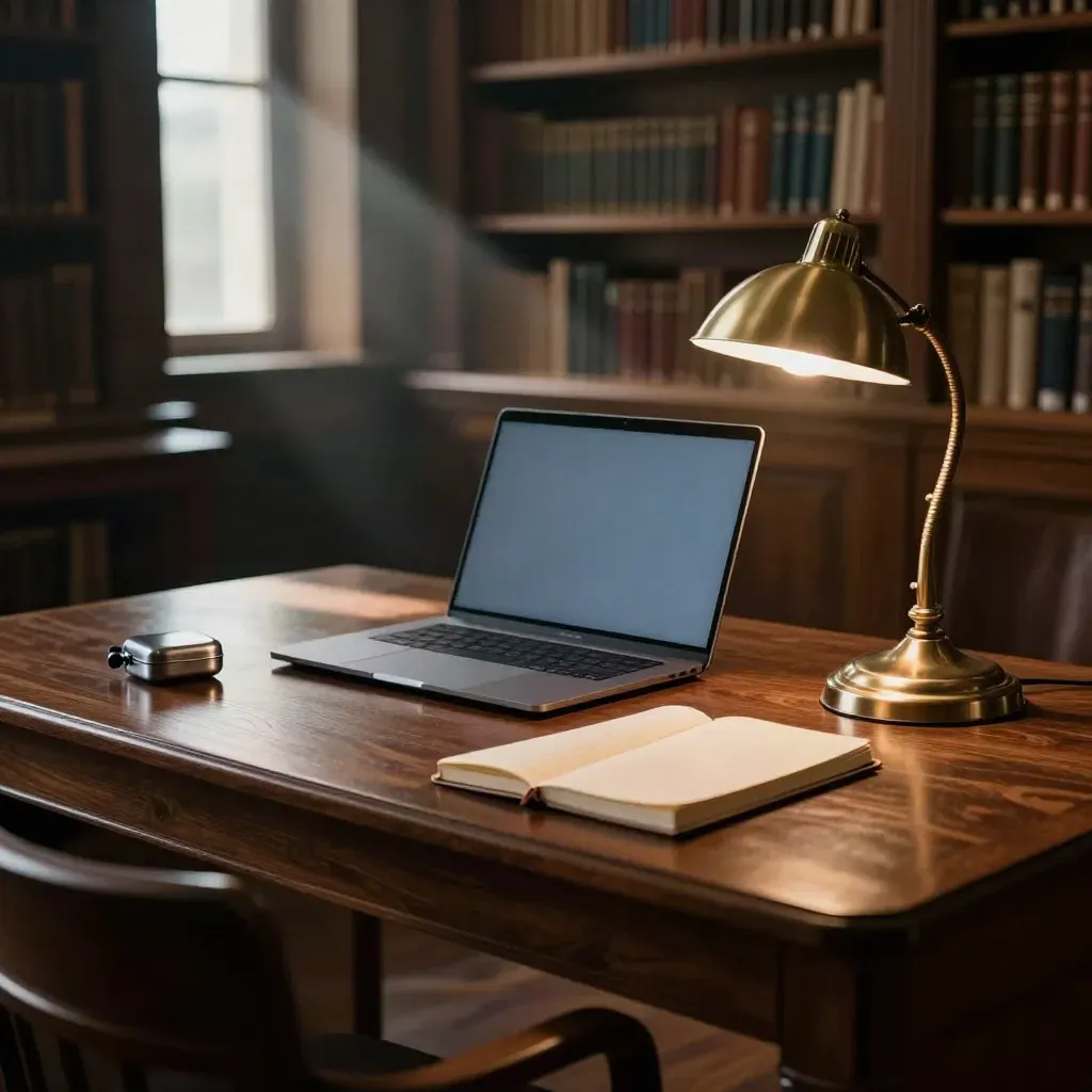 Empty library desk with laptop, notebook, earplugs case, and lamp in dramatic window light