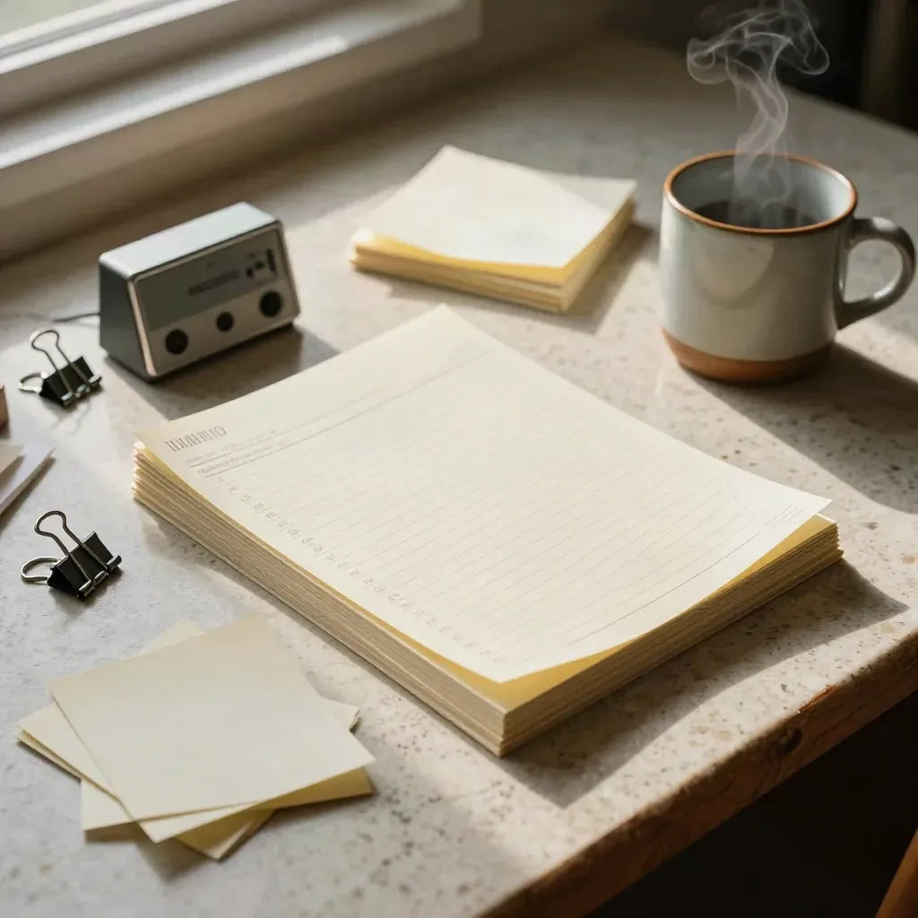 Top-down desk with planning slips, timer, steaming mug, and paper clamps in warm light.