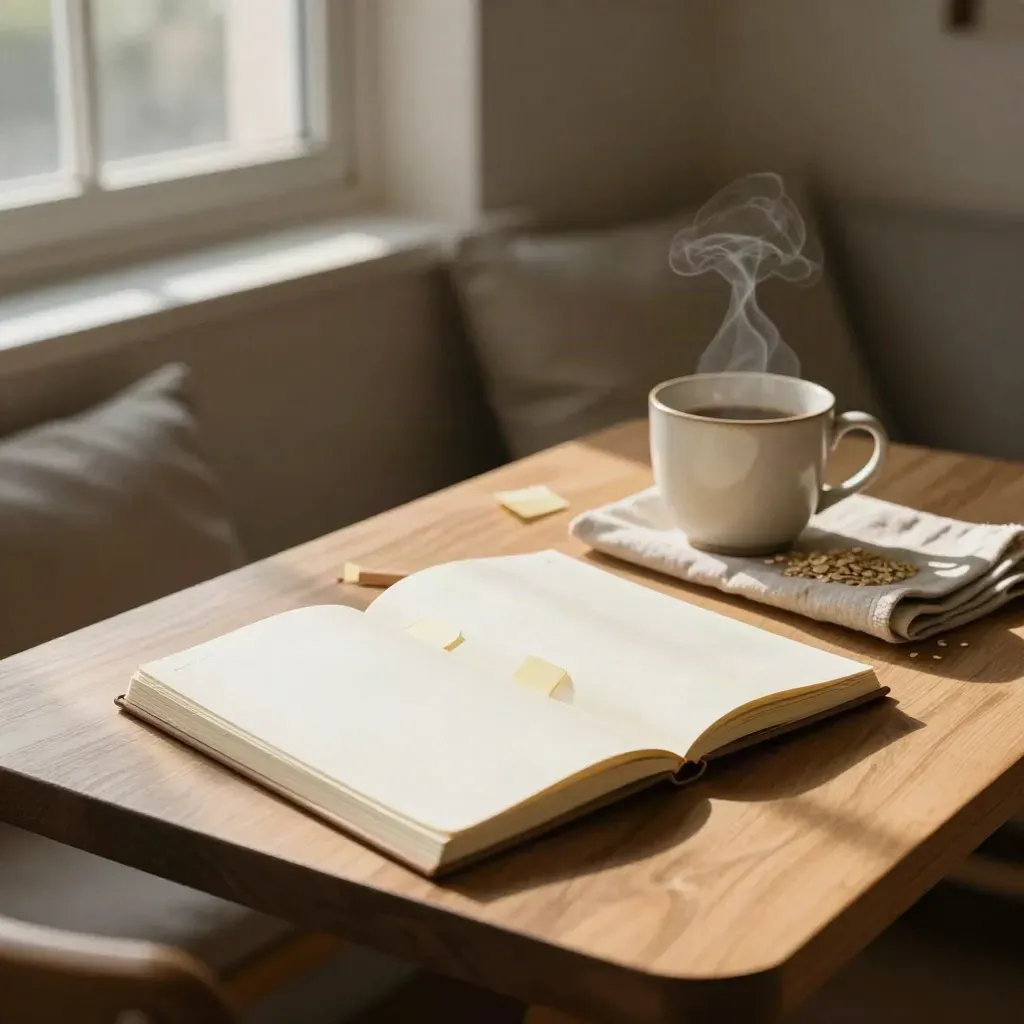 Sunlit breakfast nook with notebook, sticky tabs, pencil and steaming cup by a window.