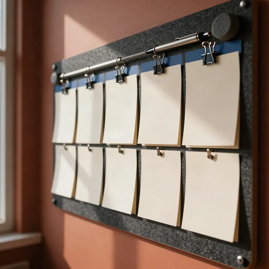 Planning board with staggered milestone cards, pen and paperweight in soft daylight