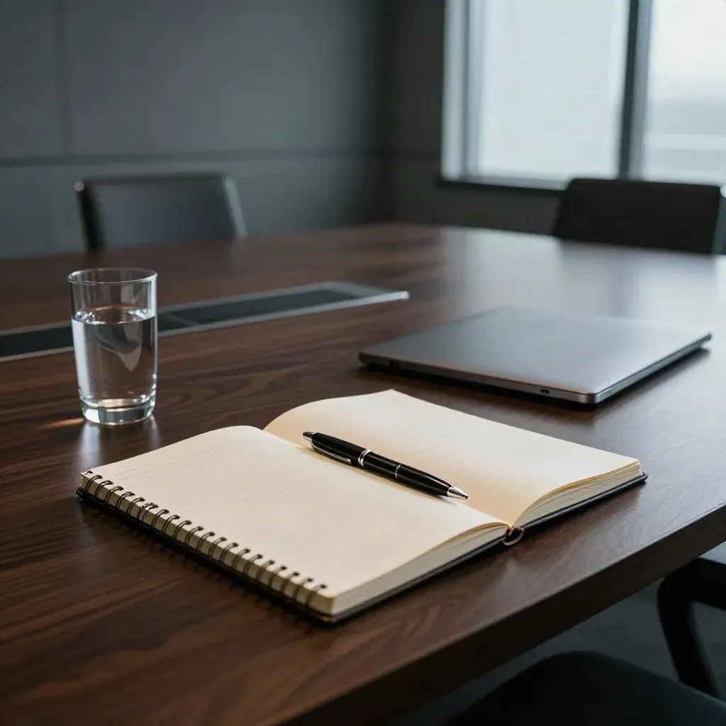 Empty conference table with notebook, pen, laptop and water glass in moody office light.