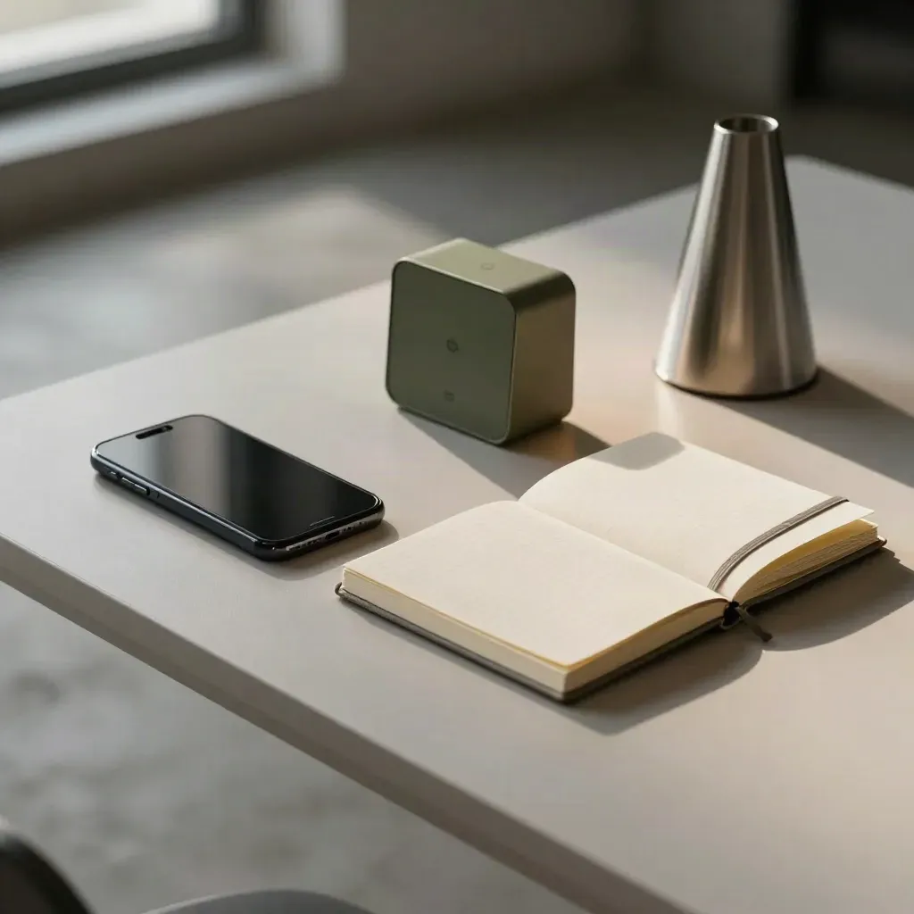 Face-down phone, timer, notebook, and lamp on a desk as focus time begins.