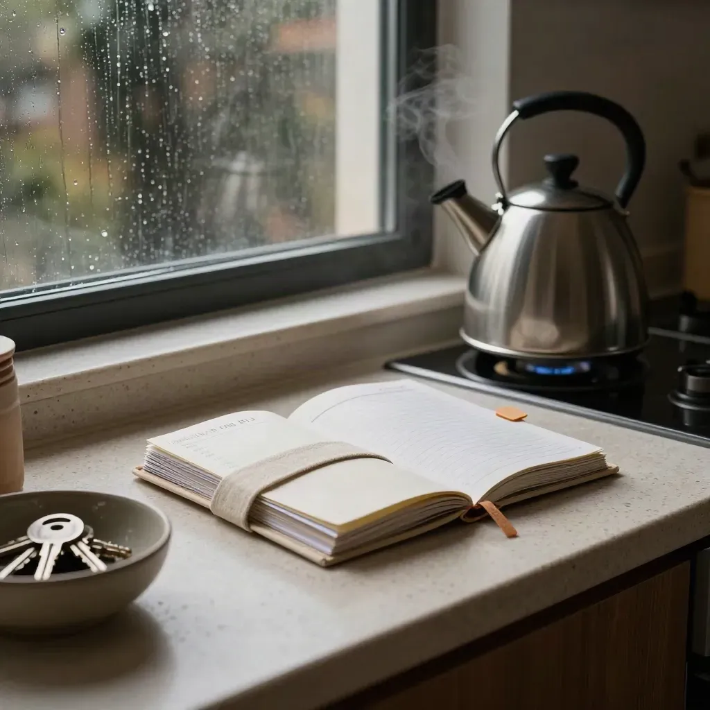 Ivory planner kit, keys in a ceramic bowl, and a steaming kettle on a rainlit kitchen counter.