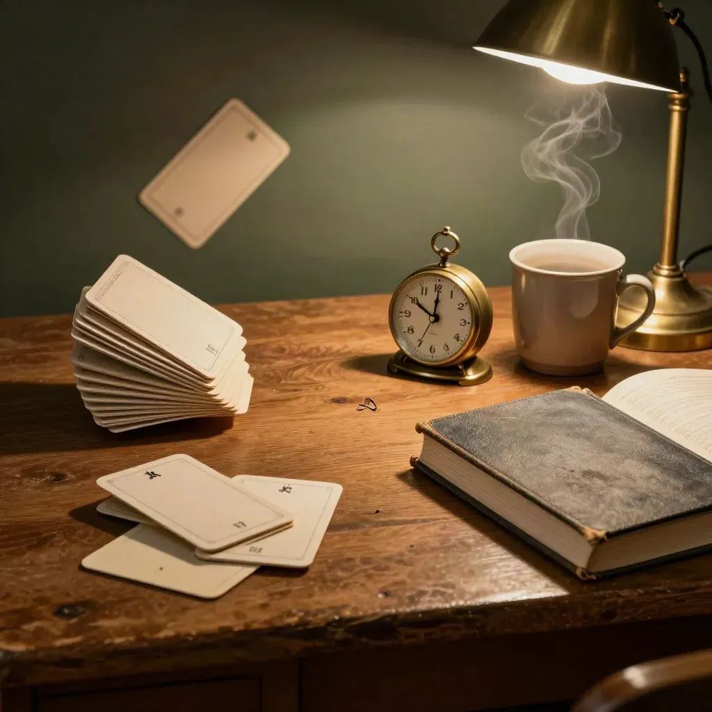 Top-down dorm desk with timer, flashcards, textbook, mug, and warm lamp glow.