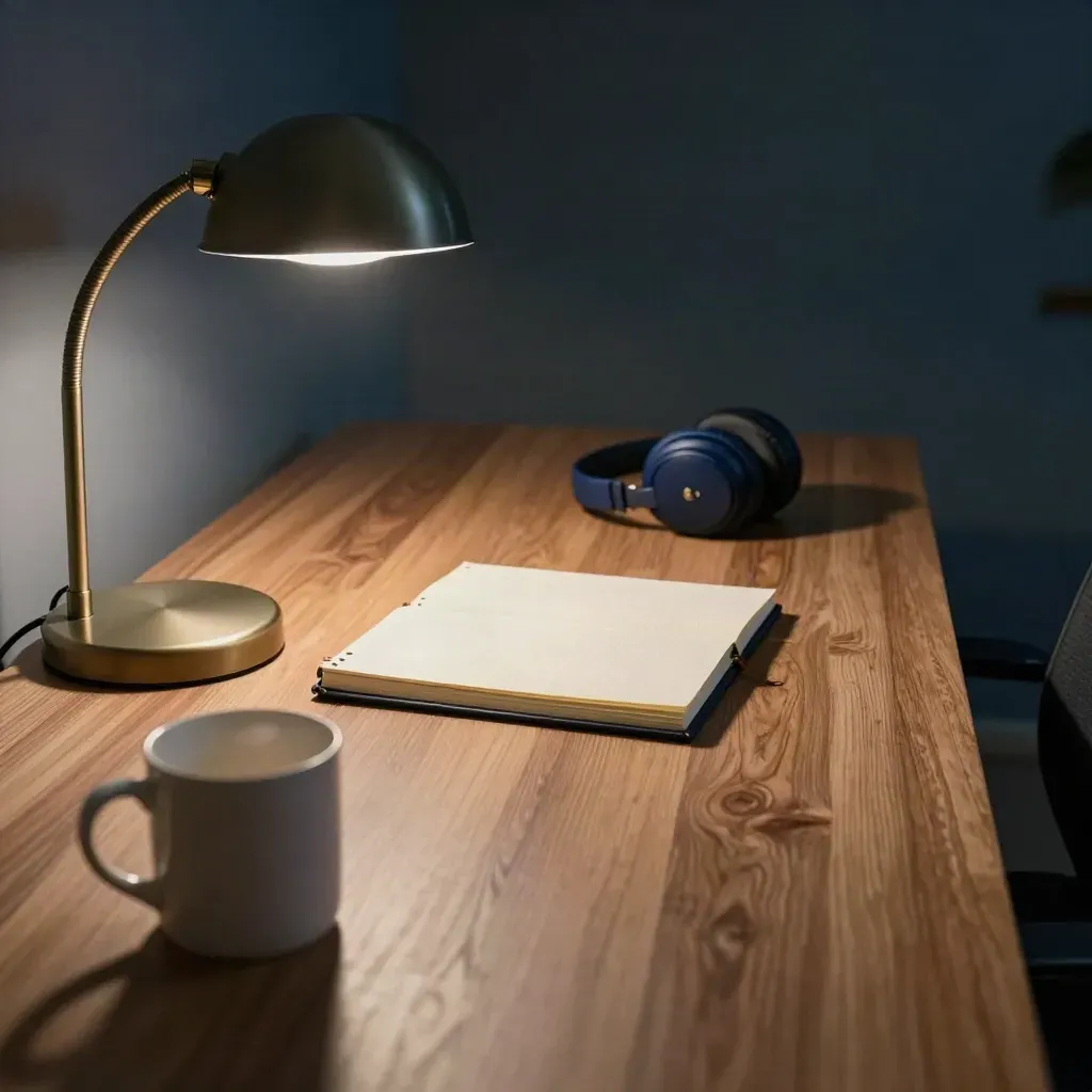 Walnut office desk with lamp, notebook, headset case, and mug in soft studio light