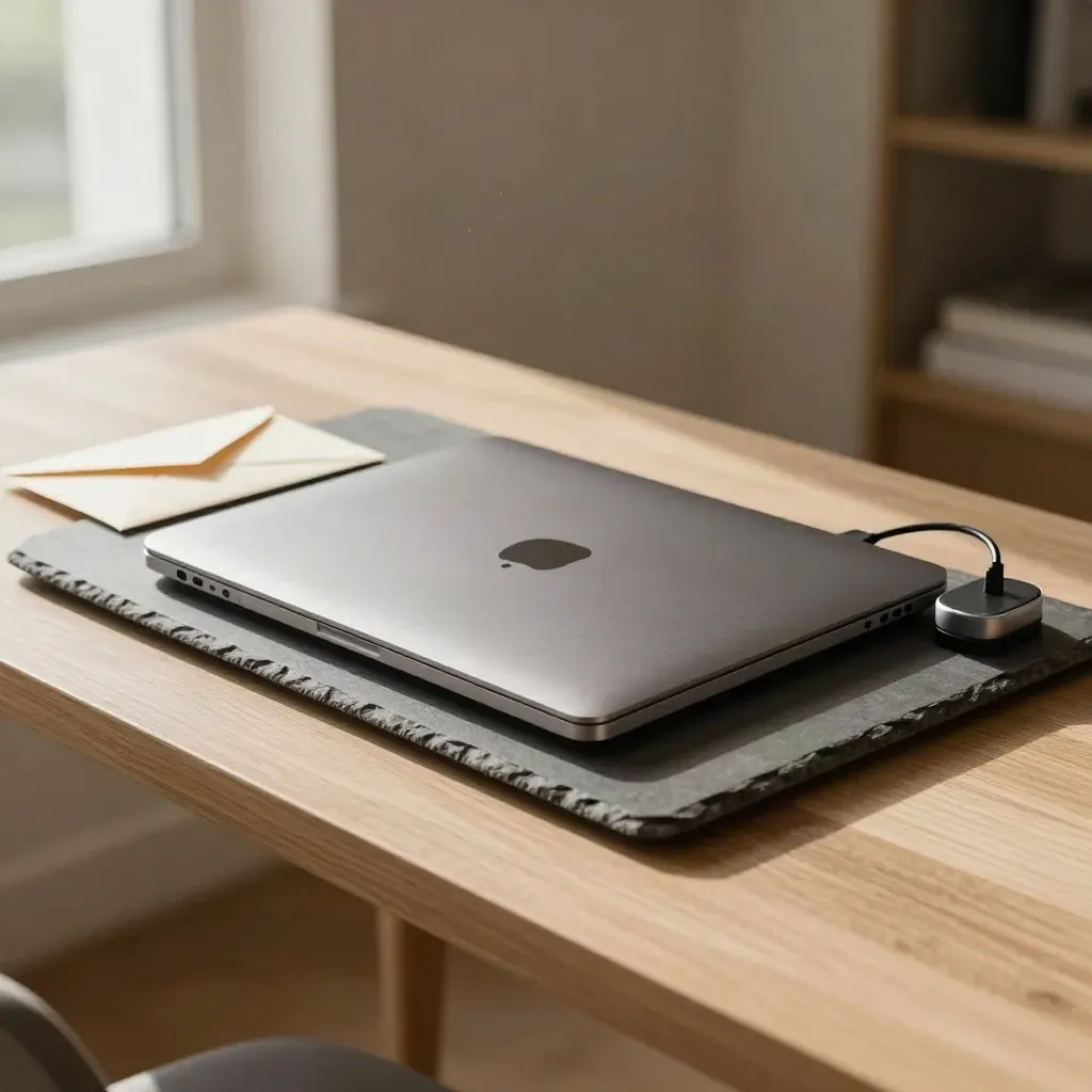 Entryway table with laptop, tray, envelopes and charging dock in soft morning light.