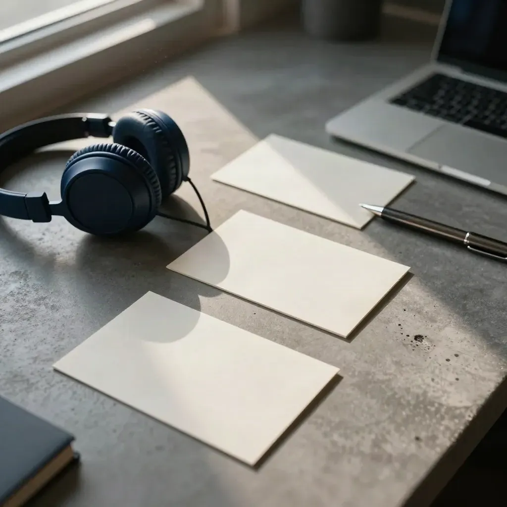 Diagonal planning desk with release cards, headphones, pen and closed laptop in moody light.