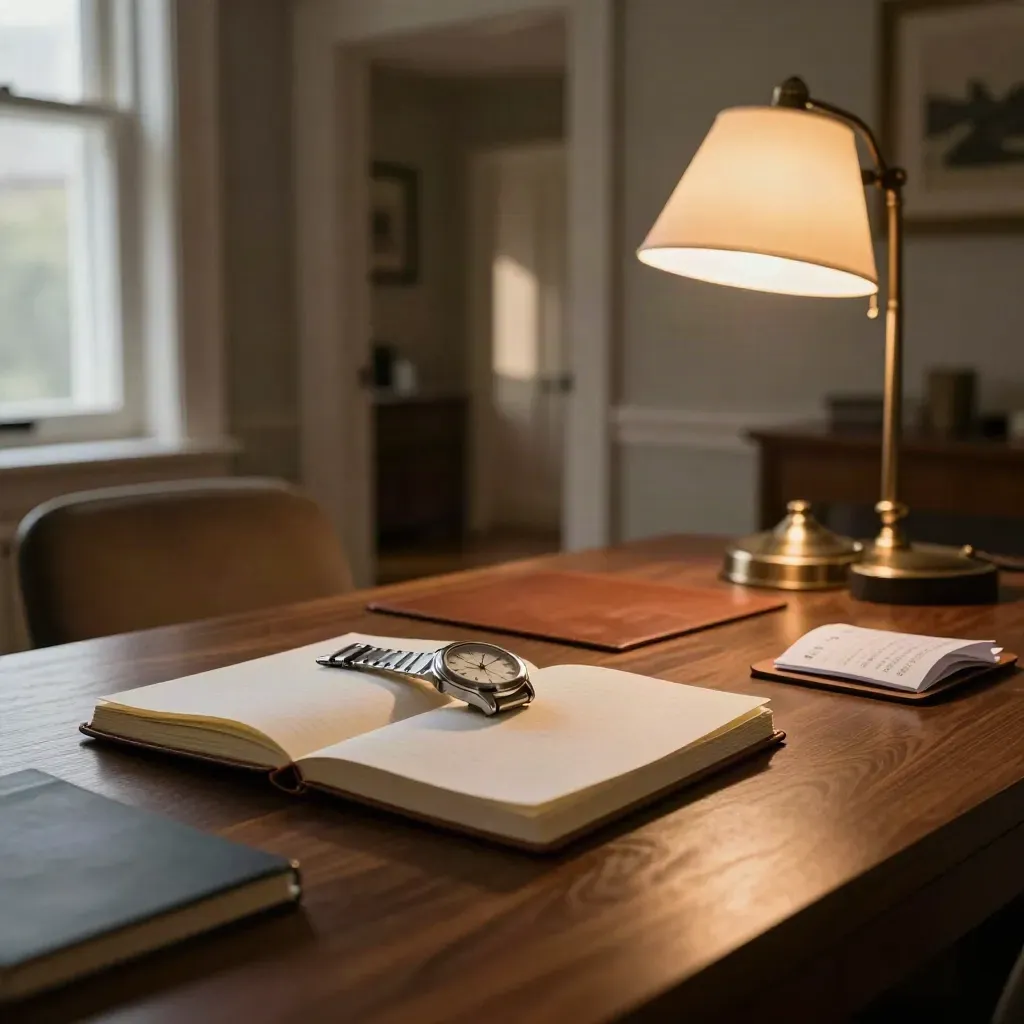 Dusk-lit desk with notebook, watch, lamp, and pushed-back chair seen from a doorway.