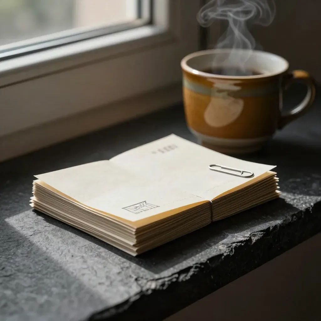 Folded notes, stamped card, steaming cup, and paperclips on a dark stone ledge.