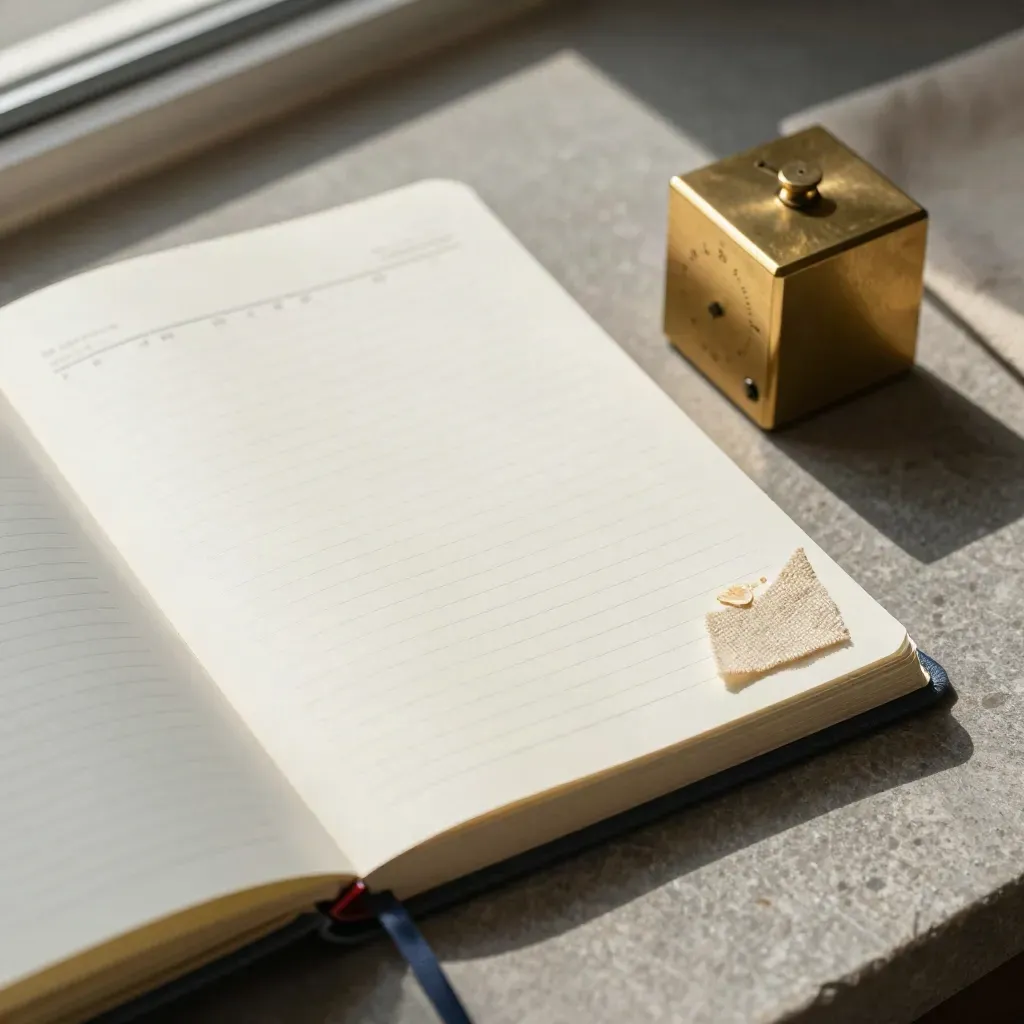 Cream planner, brass timer cube, and linen square on stone, overhead editorial flatlay