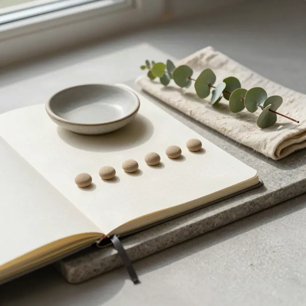 Habit tracking journal with clay tokens, ceramic dish, eucalyptus, and folded cloth on stone.